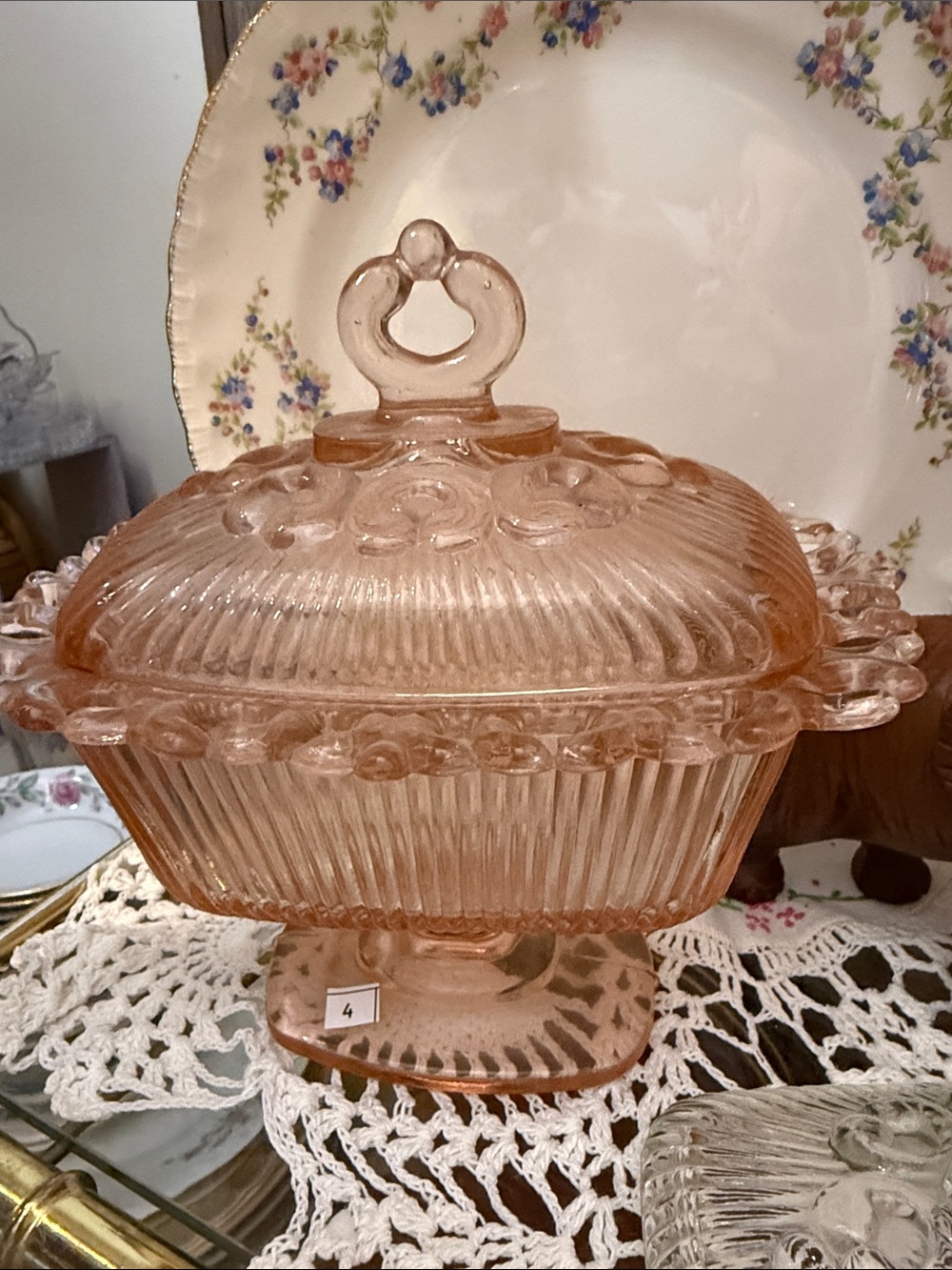 Indiana Glass Pink Ribbed Covered Pedestal Serving Dish
